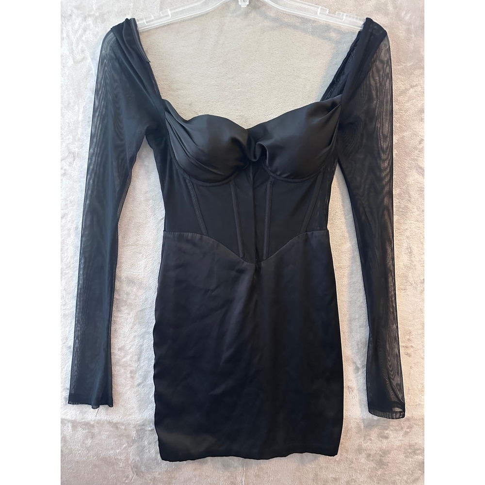 Oh Polly Black Corset Mini Dress Size 4 Sheer Mesh Long Sleeve Satin Sweetheart